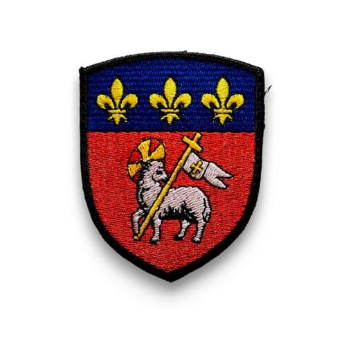 écusson Rouen, patch blason Rouen, Rouen coat of arms patch, agneau pascal patch, fleur-de-lys Rouen badge, lamb of god embroidered patch, embroidered Rouen emblem