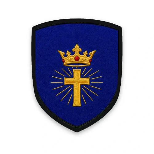 Écusson Christ Roi brodé – croix d'or couronnée sur fond bleu