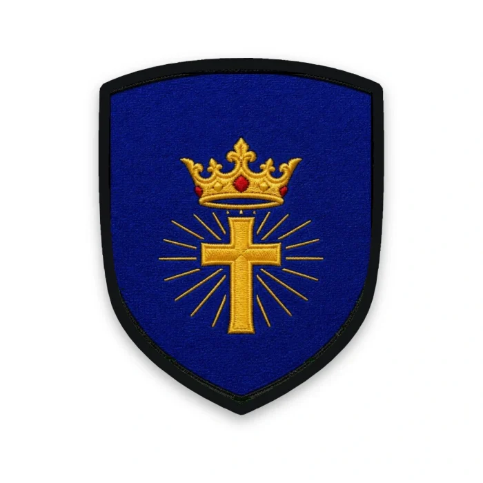 Écusson Christ Roi brodé – croix d'or couronnée sur fond bleu