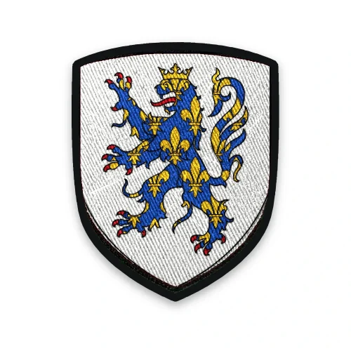 Écusson de Compiègne brodé – lion d’azur semé de fleurs de lys d’or sur argent