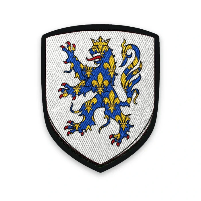 Écusson de Compiègne brodé – lion d’azur semé de fleurs de lys d’or sur argent