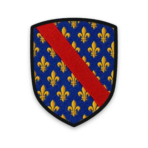 Écusson de l'Allier brodé – semé de lys d'or à la bande de gueules des Bourbons