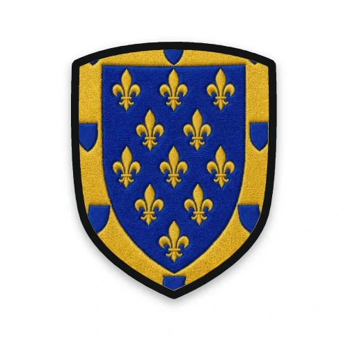 Écusson de l'Ardèche brodé – armes du Vivarais, lys d'or et bordure aux huit écussons