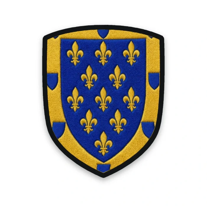 Écusson de l'Ardèche brodé – armes du Vivarais, lys d'or et bordure aux huit écussons