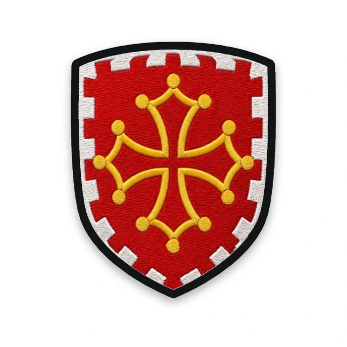 Écusson de l'Aude brodé – croix occitane d'or à la bordure crénelée d'argent