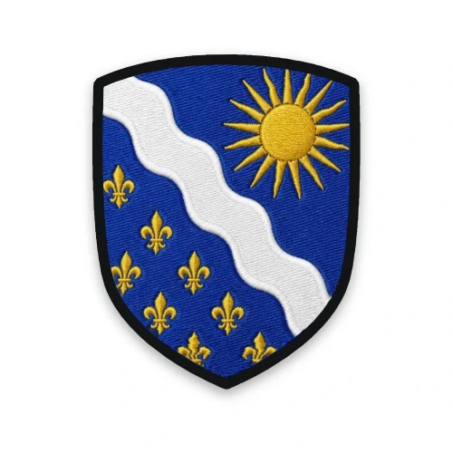 Écusson de l'Essonne brodé – soleil d'or, bande ondée et semé de lys