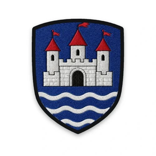 Écusson de l'Indre brodé – Château-Raoul d'argent sur jumelles ondées