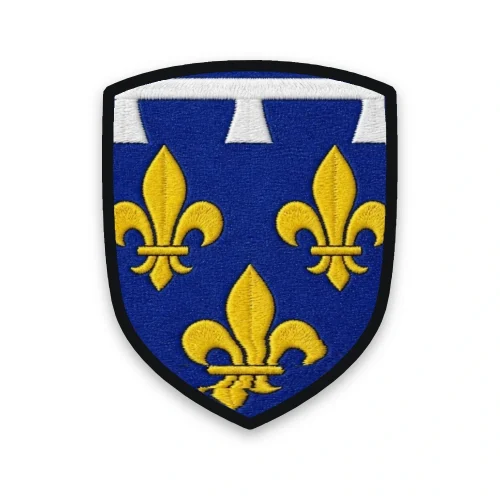 Écusson de l'Orléanais brodé – trois lys d'or au lambel d'argent