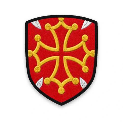 Écusson de la Haute-Garonne brodé – croix occitane cantonnée de quatre otelles du Comminges