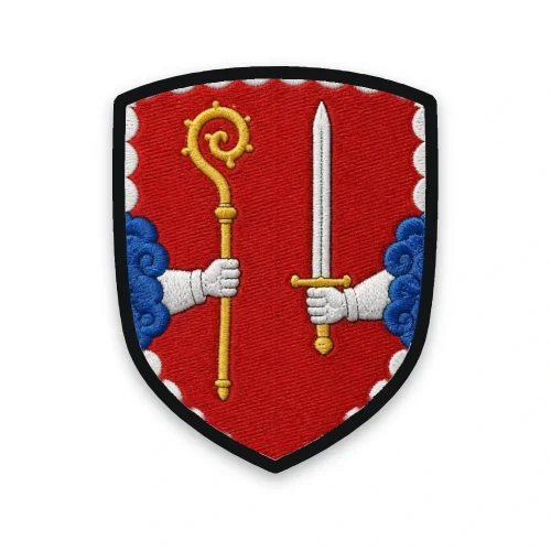 Écusson de la Haute-Loire brodé – bras à la crosse et à l'épée de l'évêque-comte du Velay