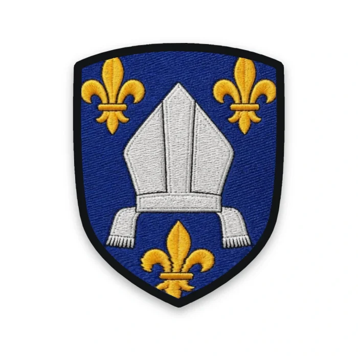 Écusson de la Saintonge brodé – mitre d'argent et trois fleurs de lys d'or