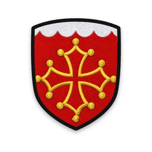 Écusson du Gard brodé – croix occitane d'or, chef engrêlé d'argent