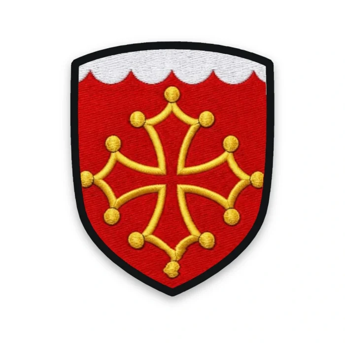 Écusson du Gard brodé – croix occitane d'or, chef engrêlé d'argent