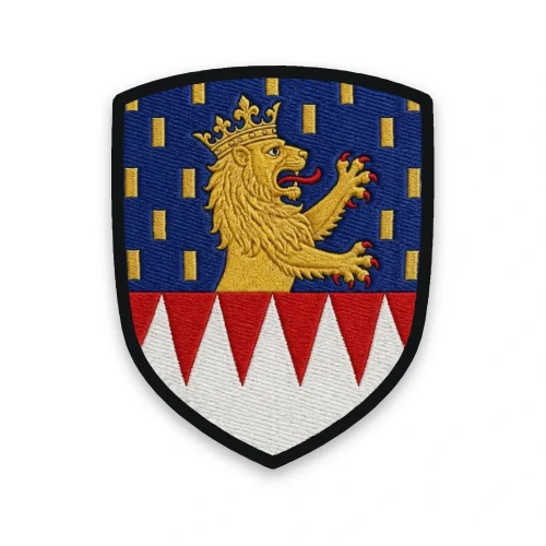 Écusson du Jura brodé – lion de Franche-Comté sur azur billeté, émanché de gueules