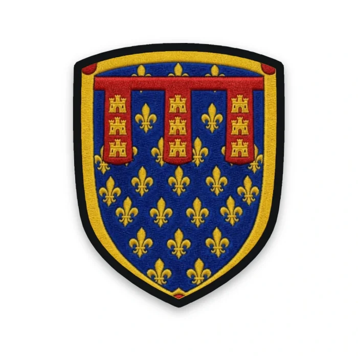 Écusson du Pas-de-Calais brodé – semé de lys d'Artois, lambel châtelé et tourteaux de Boulogne