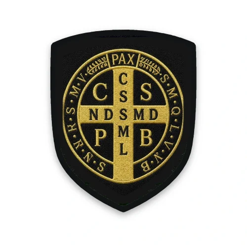 Écusson Médaille de Saint Benoît brodé Écusson Médaille de Saint Benoît brodé – croix et inscriptions CSSML NDSMD