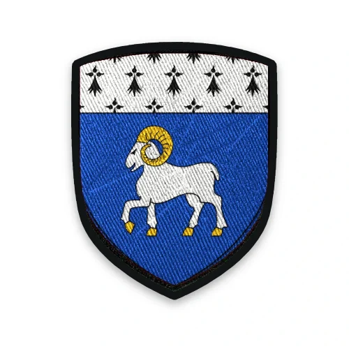 Écusson de Quimper brodé – bélier d’argent sur azur, chef d’hermine
