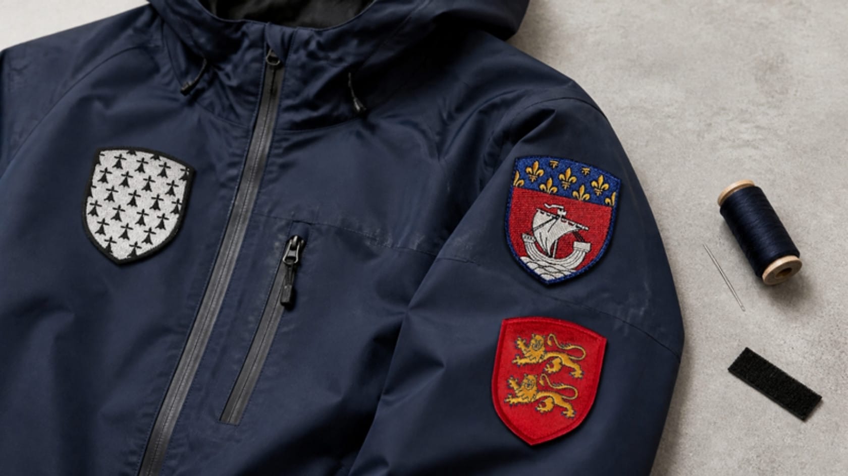 Écussons brodés Bretagne, Paris et Normandie cousus sur une veste en tissu technique
